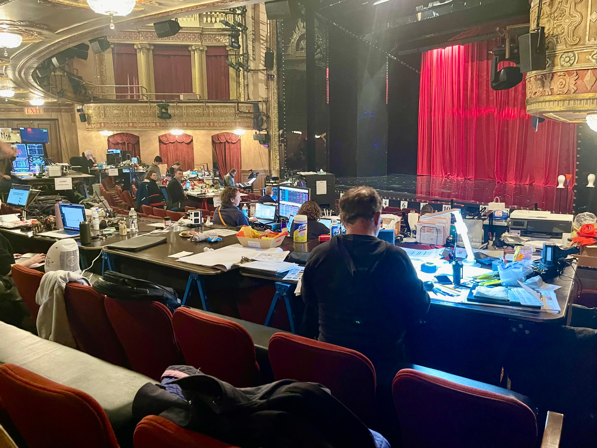 The tech table set up in the house during technical rehearsals